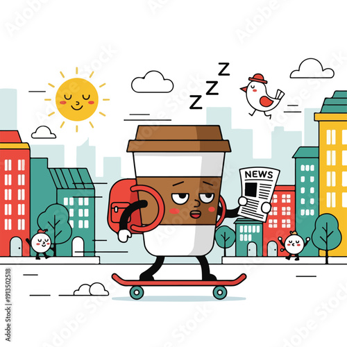 A cartoon coffee cup on a skateboard going through a colorful city scene