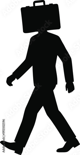 Conceptual vector silhouette of a businessman with a briefcase for a head. A surreal illustration about losing personal identity to work, corporate culture, and professional life