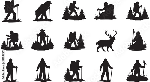 Hikers and wildlife silhouettes in nature scenery outdoors setting