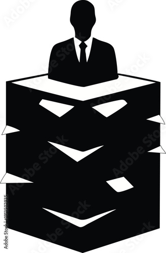 Surreal vector of a businessman emerging from a box. Illustrates standardized identity, conformity, and the confinement of a professional role in a corporate system