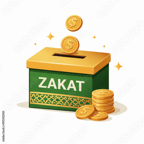  Zakat Donation Box with Gold Coins Islamic Charity Concept
