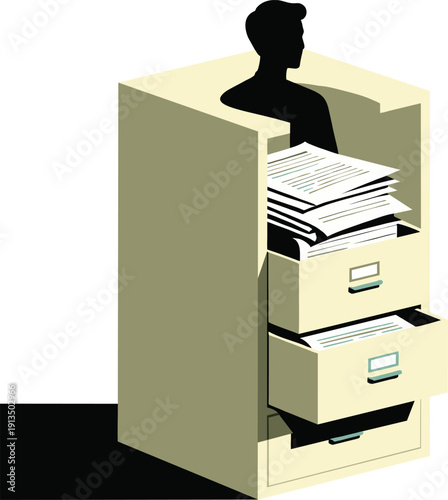 Conceptual illustration of a person's silhouette trapped inside a filing cabinet. Surreal metaphor for being categorized, dehumanized, and losing personal identity in a system