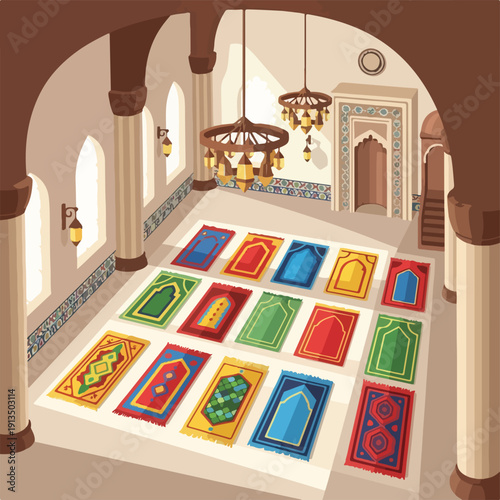 A cartoon depiction of a mosque's interior with prayer rugs and ornate design