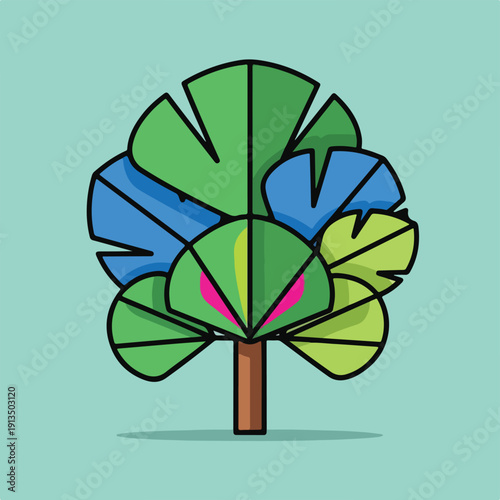 A cartoon tree with layers of different green and blue leaves