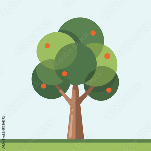 A cartoon tree with round green leaves and small orange fruit