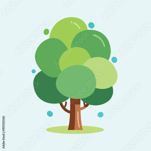 A cartoon tree with round leaves in varying shades of green