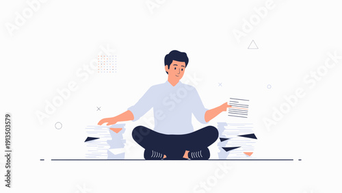 Man Meditating Surrounded by Piles of Paperwork, Overwhelmed by Workload
