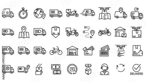 Collection of delivery and logistics icons in outline style.