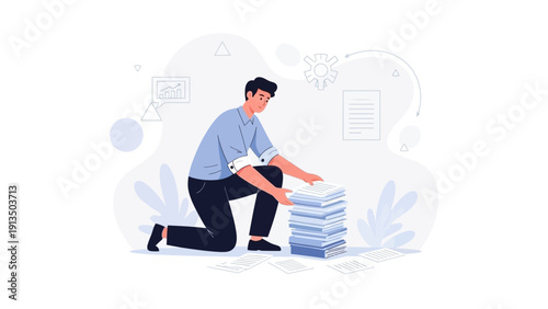 Man Organizing Paperwork Stack, Business Workflow Concept