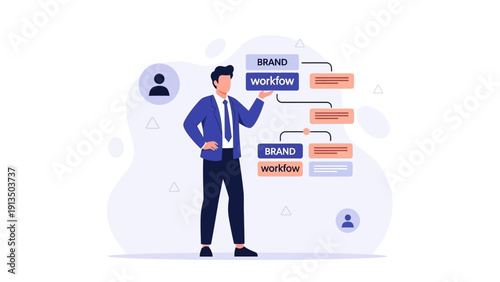 Businessman presenting brand workflow process diagram with flowchart steps