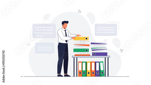 Businessman Organizing Stack of Files and Folders on Desk