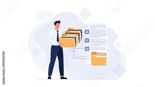 Businessman holding folders with documents, data organization concept