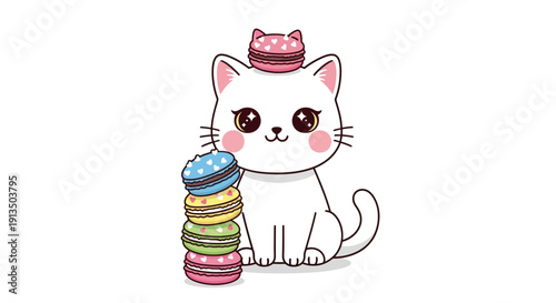 Cute cartoon white cat wearing a macaron hat, sitting next to a stack of colorful macarons, illustration