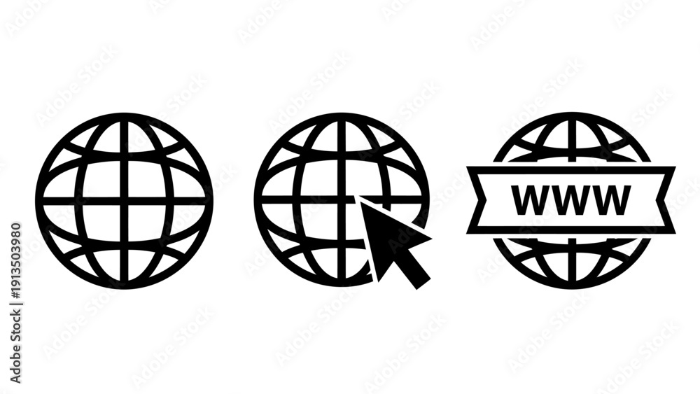 Fototapeta premium Global Web Technology Icons Depicting Internet World Wide Web Connectivity and Digital Communication.