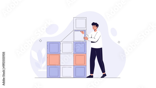 Man building modular cube structure, concept of planning, strategy, and organization