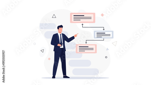 Businessman pointing at flowchart, business process and strategy planning