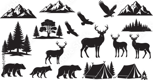 Wildlife and nature icons in black silhouette style isolated