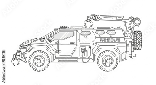Sketch of an armored tactical vehicle with mounted equipment.