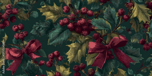 Wallpaper Mural Festive Abstract Pattern with Dark Green Background Red Bows and Berries Repeating Decorative Elements for Holiday Season Greetings or Wrapping Torontodigital.ca