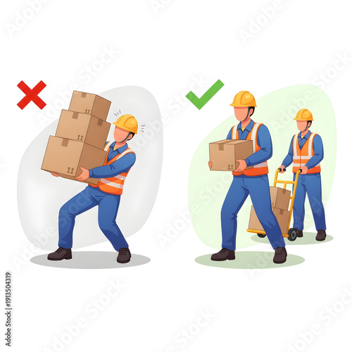 Workplace Safety Worker Lifting Boxes Proper Weight Handling Factory Ergonomics Vs Overloading Flat Vector Illustration