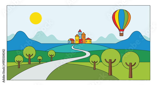 A cartoonish landscape with a hot air balloon, sun and a winding path