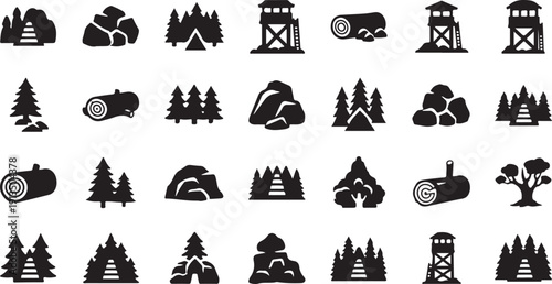 Camping and outdoor icons in black and white color