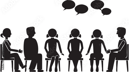 Silhouettes of people sitting in chairs with speech bubbles