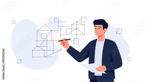 Architect Drawing Blueprint of House Design with Geometric Shapes
