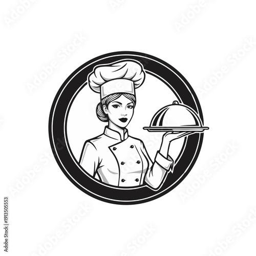 Female Chef Holding Serving Dish in Circular Emblem Illustration