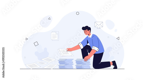 Man Organizing Paperwork Stack, Business Documents Workflow Concept