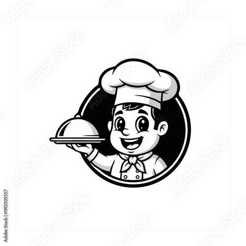A smiling chef holding a serving dish in a circular frame, illustrated in black and white, w67.svg style