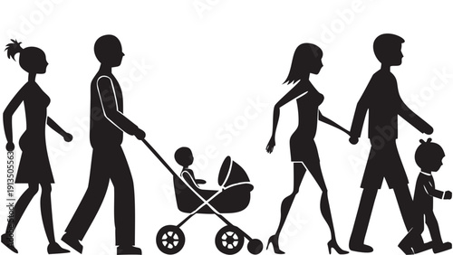 Happy family walking together in modern urban setting