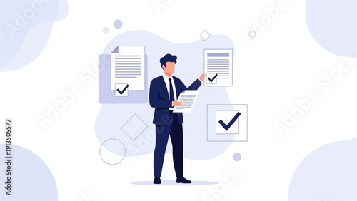 Businessman reviewing documents with checkmarks, concept of approval and confirmation