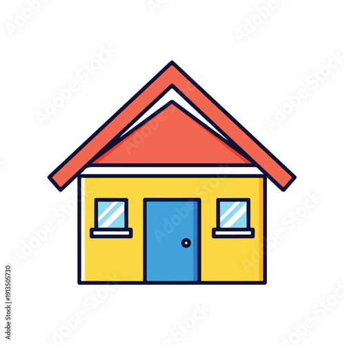A cartoon-style house illustration, featuring red roof, blue door
