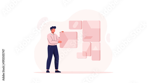 Man arranging abstract geometric shapes, teamwork, planning, strategy, business concept
