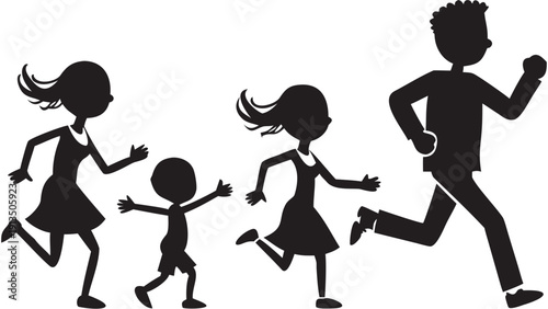 Happy family running together in joyful motion outdoors