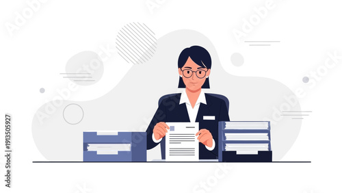 Businesswoman with stacks of documents and folders in office