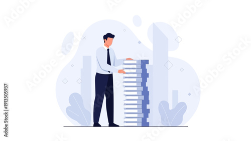 Businessman organizing large stack of documents, administrative work concept