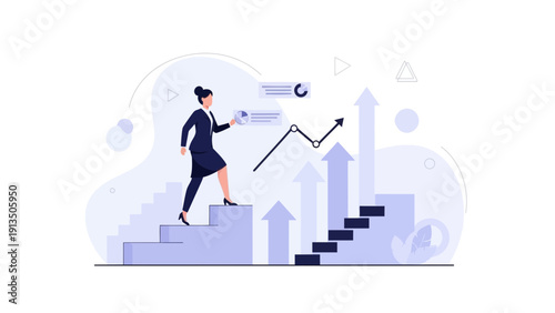 Businesswoman climbing stairs with growth chart, progress, success, career