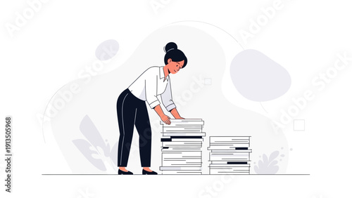 Woman Organizing Stack of Books, Paperwork, Document Management, Study, Research