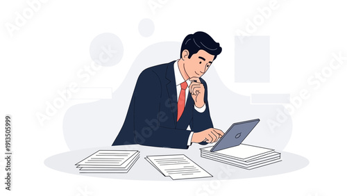 Businessman working on laptop with documents on desk, illustration