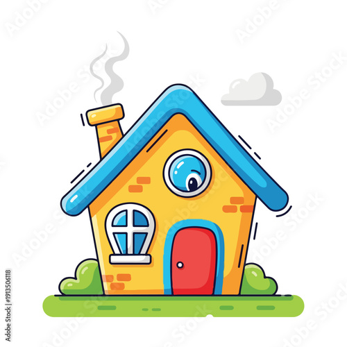 A cartoon-style house with blue roof, yellow walls, and a red door