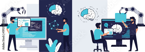 Flat design illustration of people working with workflow on computers in a modern office setting. Perfect for technology, business presentations, and educational materials.