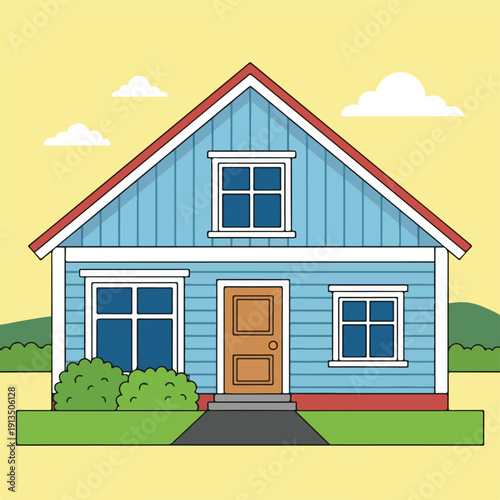 A cartoon-style house with blue walls, red roof, windows, clouds