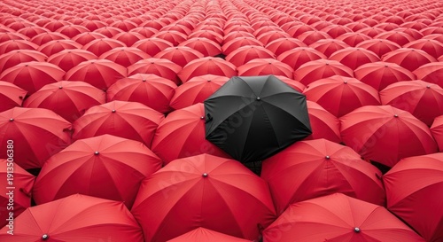 Wallpaper Mural An overhead view of a sea of red umbrellas with a single black one standing out Torontodigital.ca