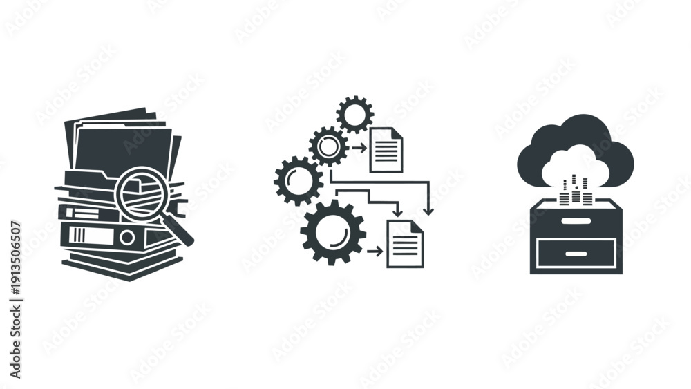 Obraz premium Data management and analysis icons workflow, cloud storage, and search