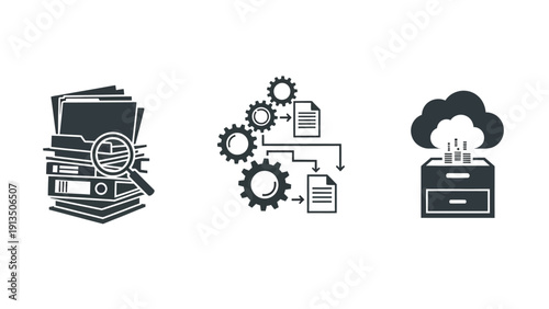 Data management and analysis icons workflow, cloud storage, and search