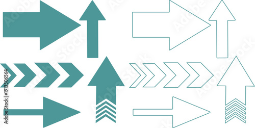 Teal and outline arrows with chevron patterns and straight directional forms