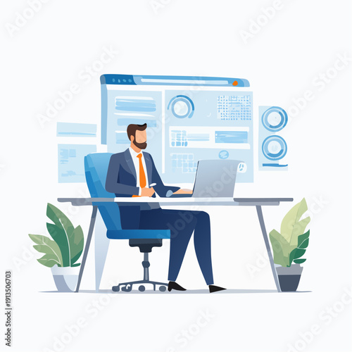 Business analyst working on a laptop with data charts and graphs on a computer screen, representing data analysis and business intelligence