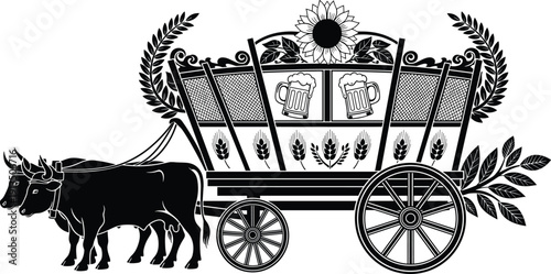 Black and white silhouette vector illustration of a traditional festival beer wagon pulled by oxen decorated with sunflowers wheat barley and beer mugs.